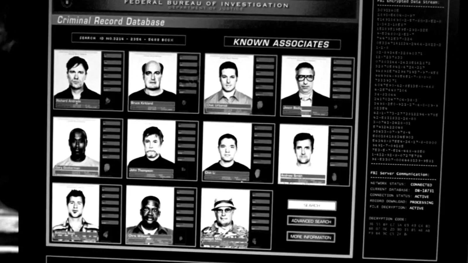 A security screen showing a grid of mugshots