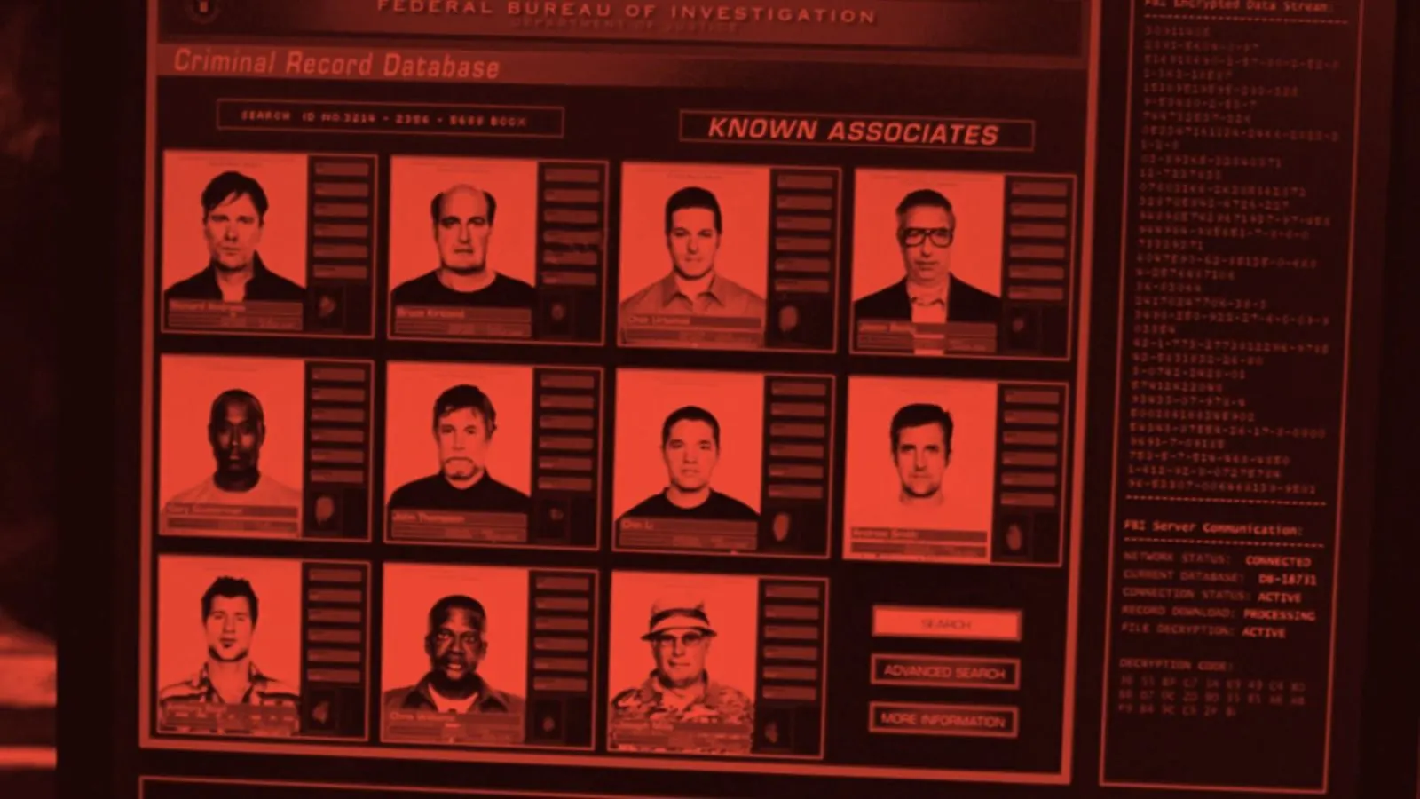 A security screen showing a grid of mugshots